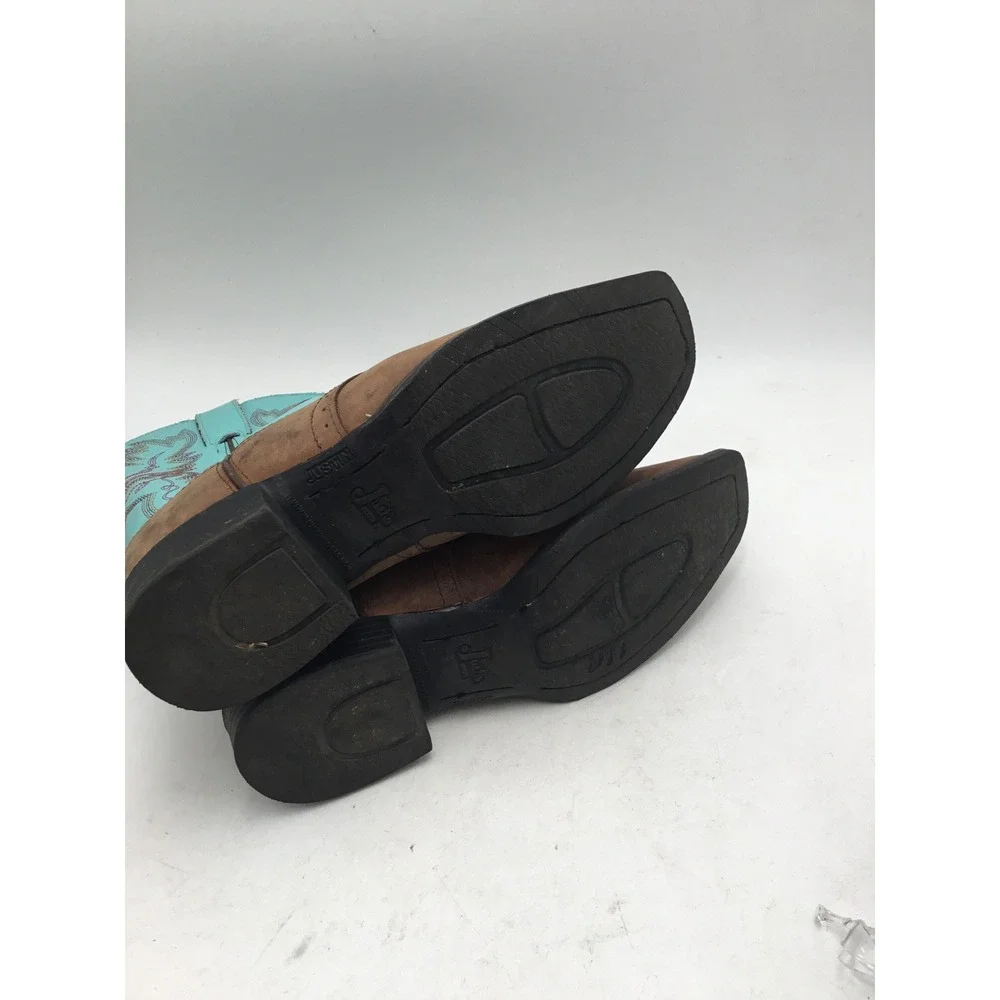 Justin Kids Brown Leather Turquoise Shaft Western Cowboy Boots 4853Y Size 3D